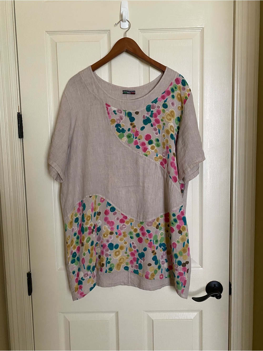 Light Taupe Linen Blend Dress with Multicolor Dot Panels